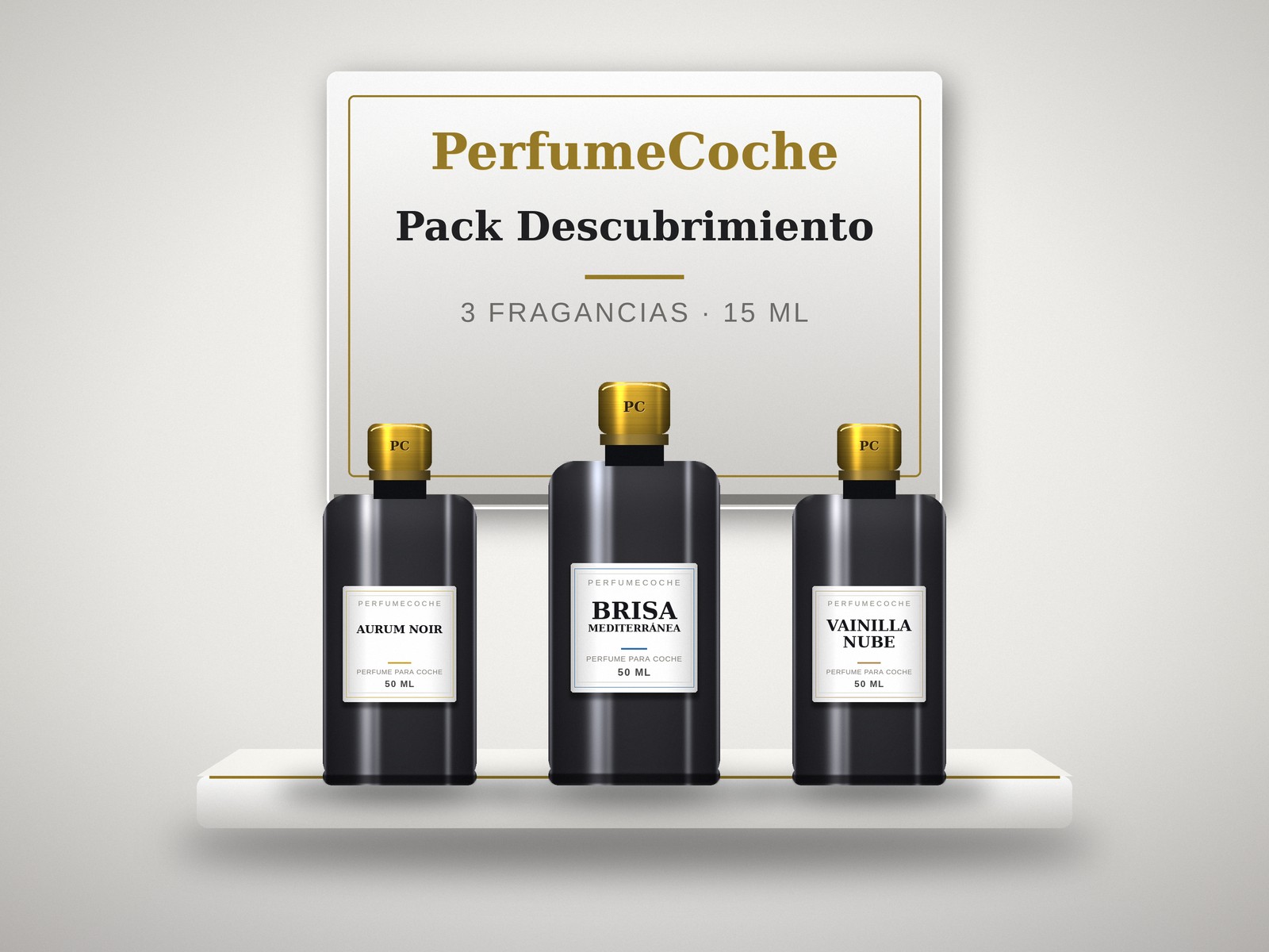 Pack Descubrimiento con 3 ambientadores para coche de 15 ml en estuche gris con acabado dorado
