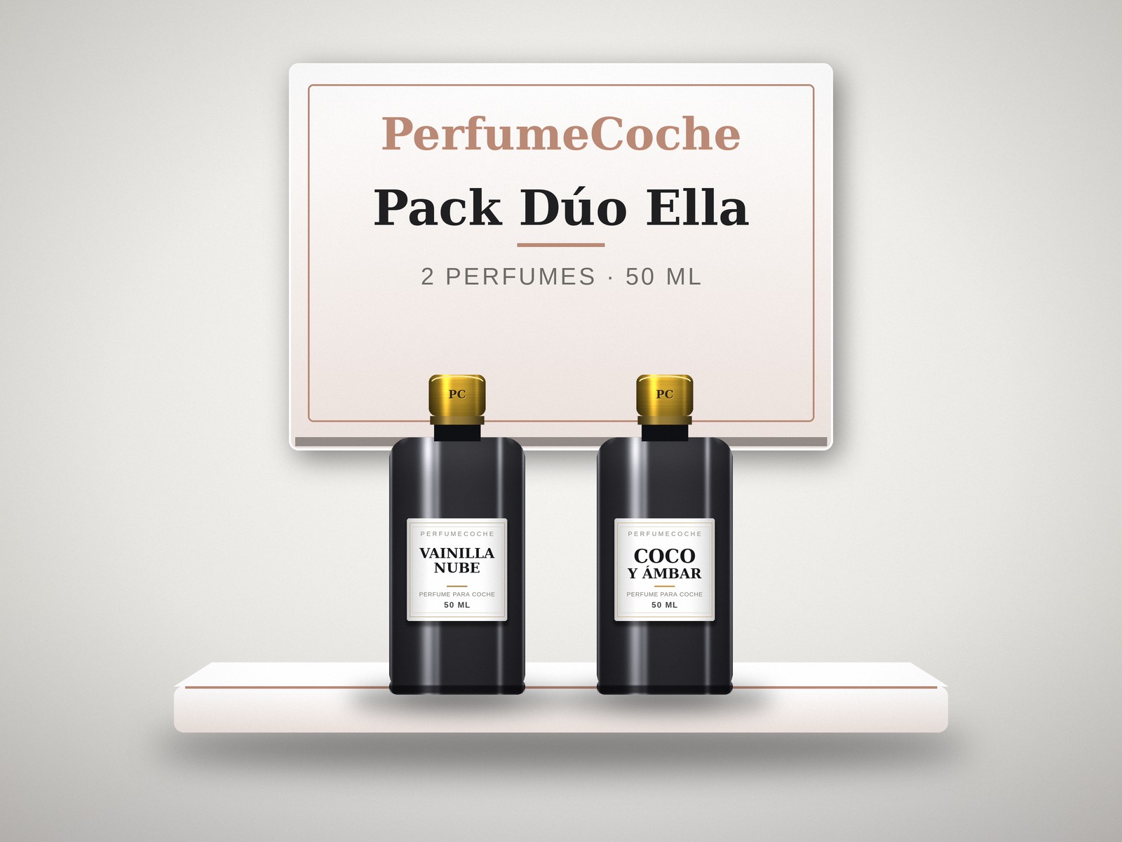 Pack Dúo Ella con dos perfumes para coche de vainilla y coco en estuche nacarado con detalles en oro rosa