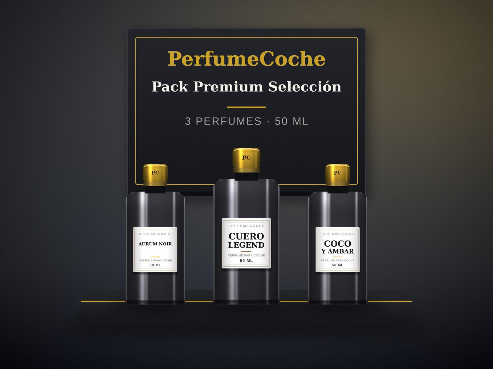 Pack Premium con 3 perfumes para coche de 50 ml en estuche negro de regalo con logotipo dorado